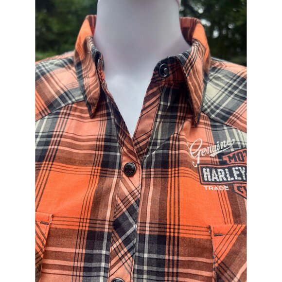 Harley-Davidson Womens Plaid Button-Up Shirt Orange/Black Short Sleeve L - Picture 2 of 6